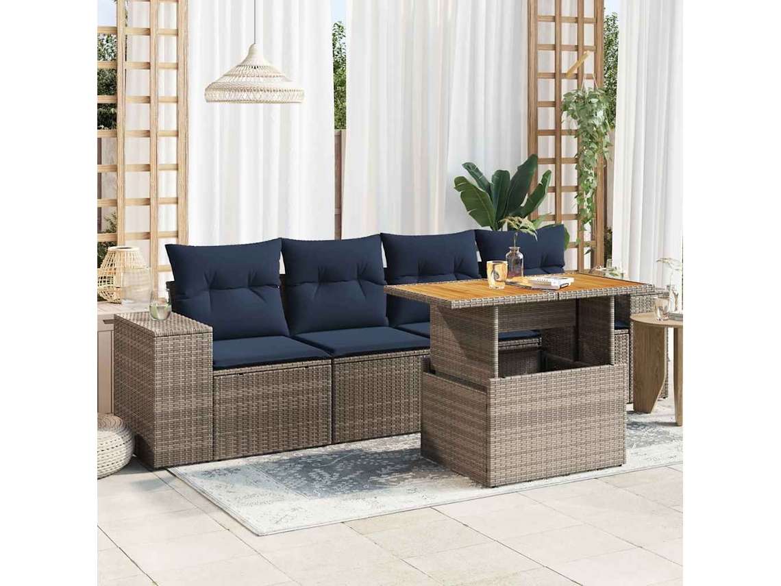 Vidaxl 5 Pcs Conjunto Sofás De Jardim C/ Almofadões Vime Pe Cinzento