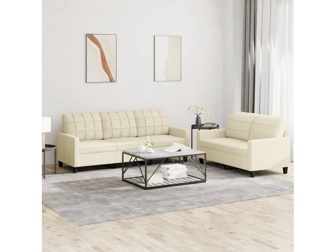 Vidaxl 2 Pcs Conjunto Sofás C/ Almofadões Couro Artificial Cor Creme