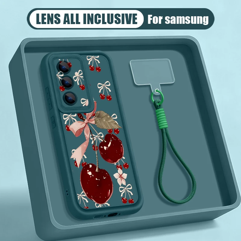 Capa Para Celular Galaxy A27 Com Cordão E Estampa De Cerejas (azul)