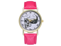 Relógio de quartzo unissex com pulseira de couro PU, estampa de caveira moderna, numerais romanos, nas cores vermelho e rosa.