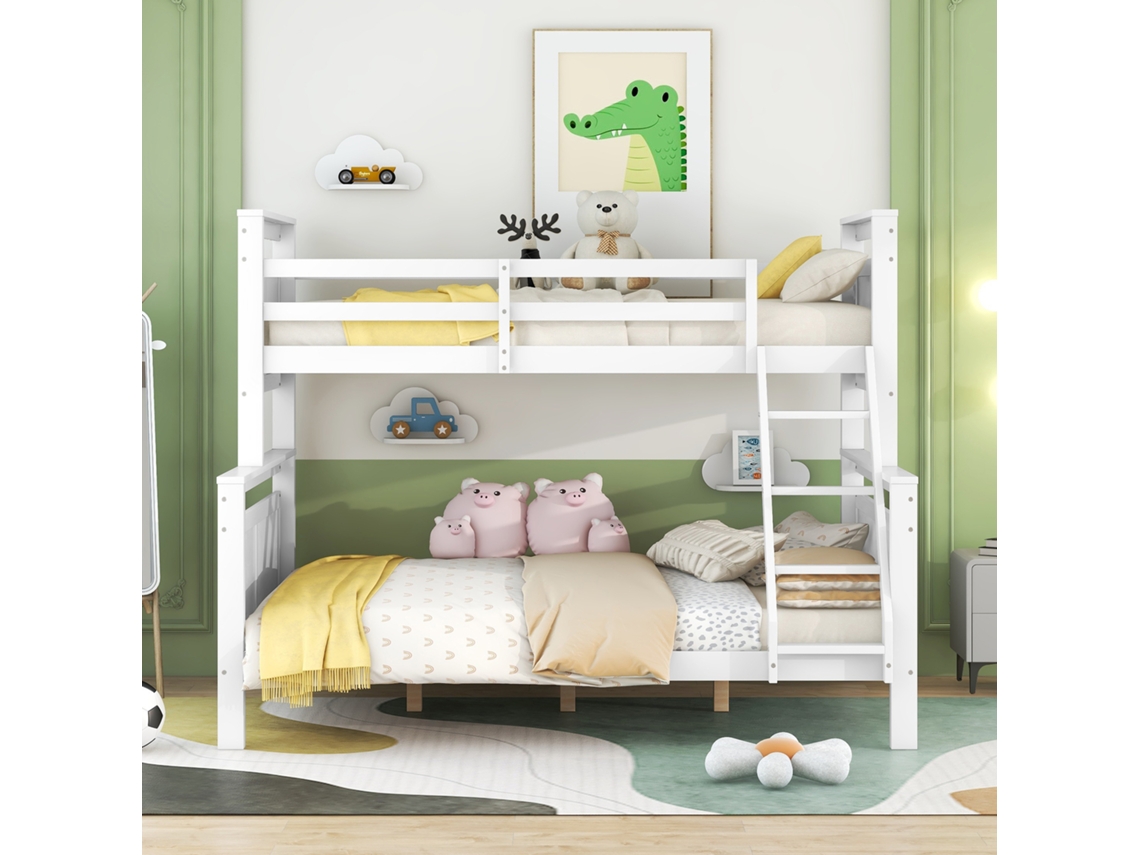 Beliche 90x200 e 140x200cm com escada, guarda corpo, estrutura de pinho, capacidade 120kg, sem colchão, branco KOMHTOM