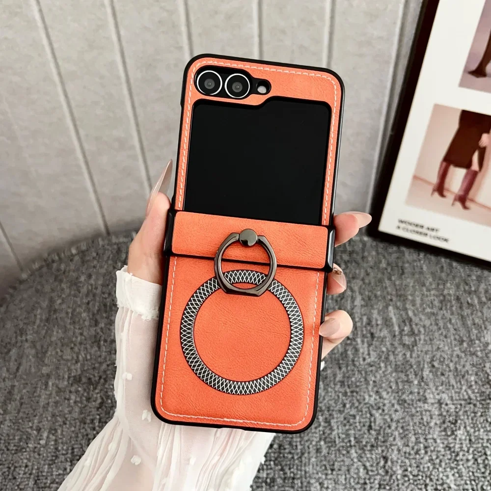 (laranja, Galaxy Z Flip5) Couro Fosco Com Textura Tipo Casca De Abacaxi, Capa Com Suporte De Anel, Compatível Com Carregamento Sem Fio
