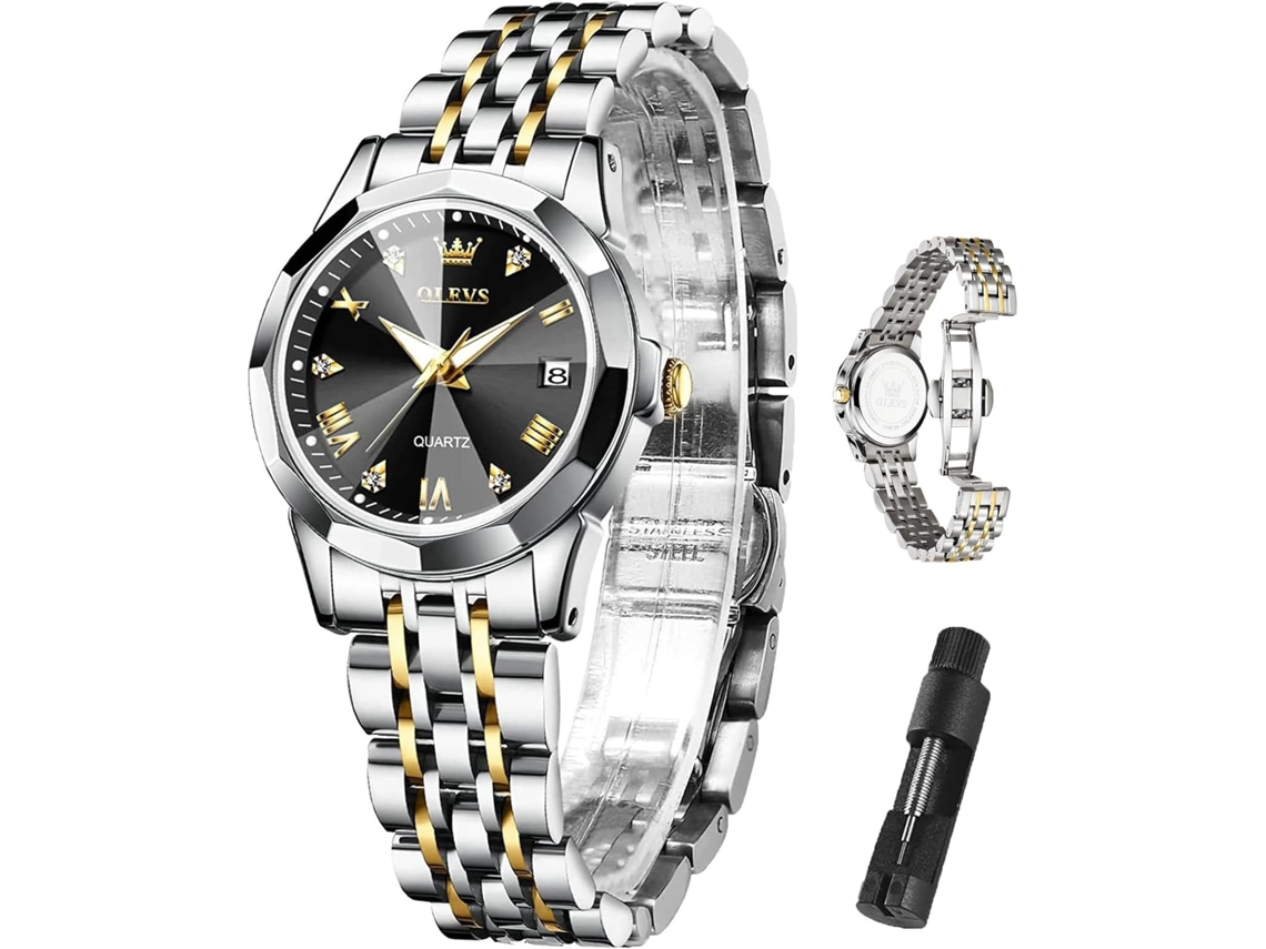Lurelia Relógio Feminino, Movimento De Quartzo, Data/calendário, Luminoso, Detalhes Com Strass, Aço Inoxidável, Resistente À Água