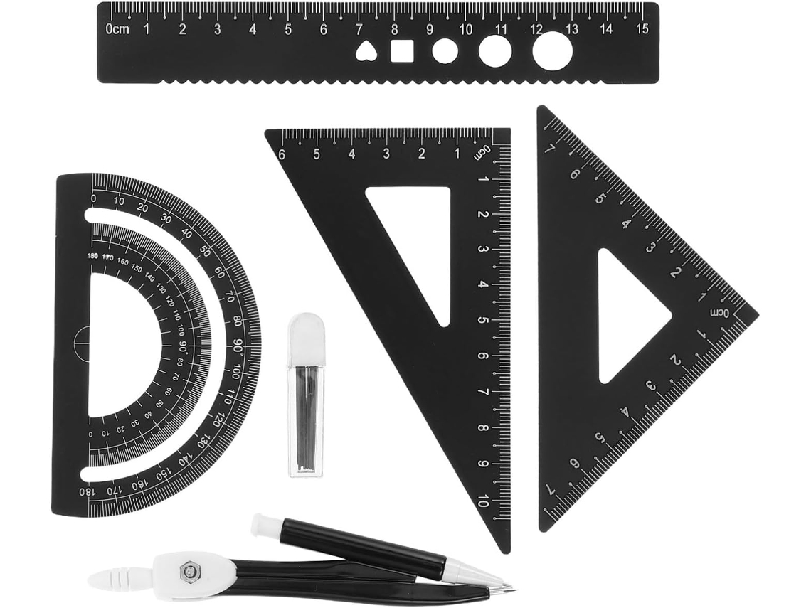 Conjunto de réguas em liga de alumínio com instrumento de design multiangular e função de transferência, design e medições versáteis.