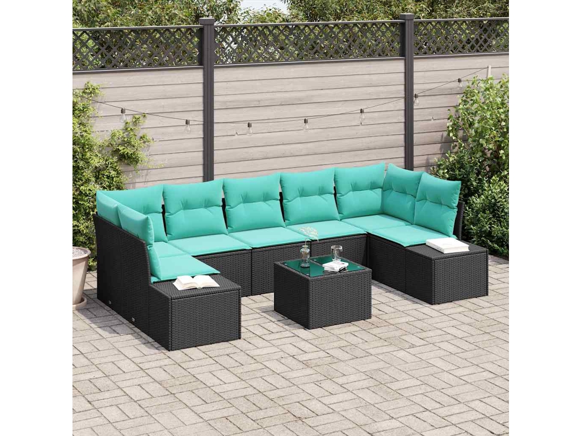 Vidaxl Conjunto De Sofá De Jardim 8 Unid. Preto E Turquesa Vime Pe