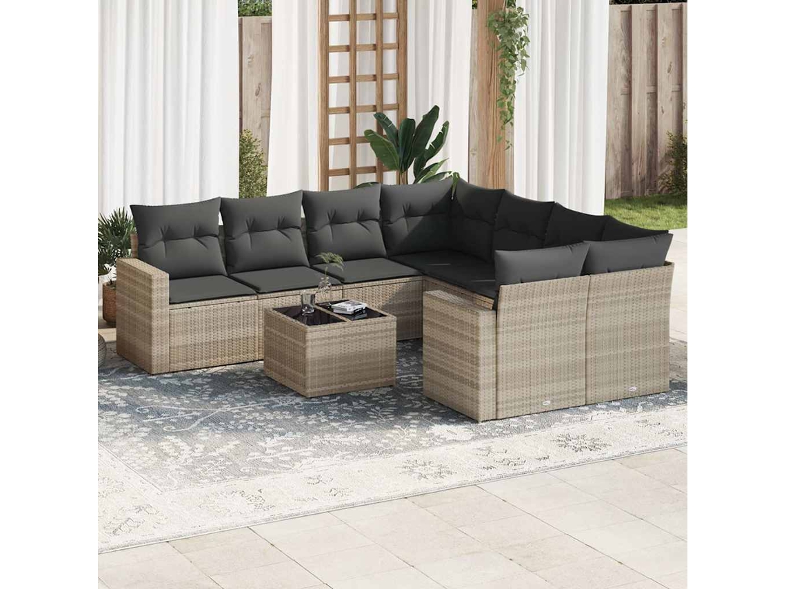 Vidaxl 9 Pcs Conj. Sofás Jardim Com Almofadões Vime Pe Cinzento-claro