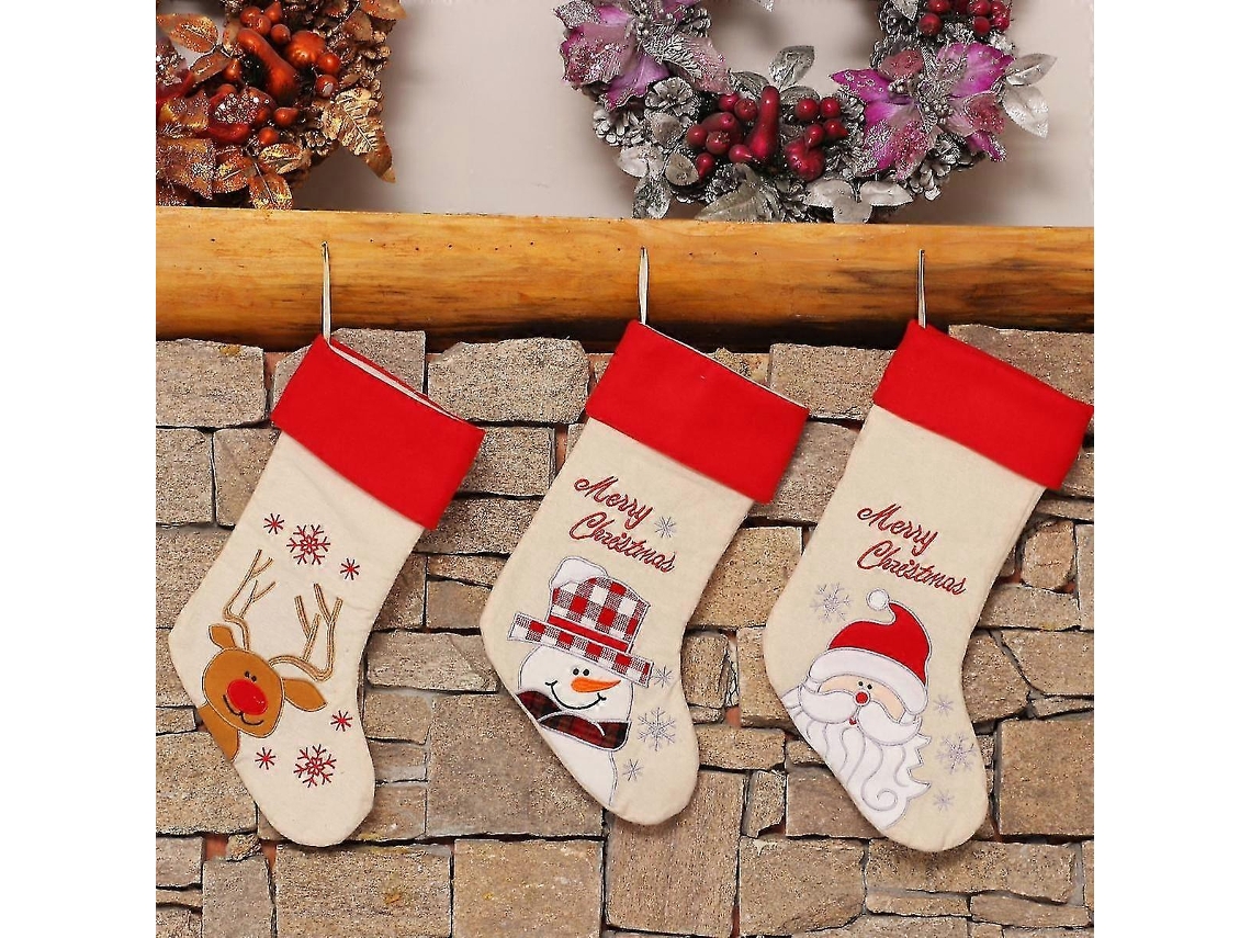 Meias De Natal Bordadas Shxx Com Pingente De Papai Noel E Boneco De Neve, Sacola De Presente Com Enfeite De Natal A1018 62 Olysi Shop (pacote Com 3)