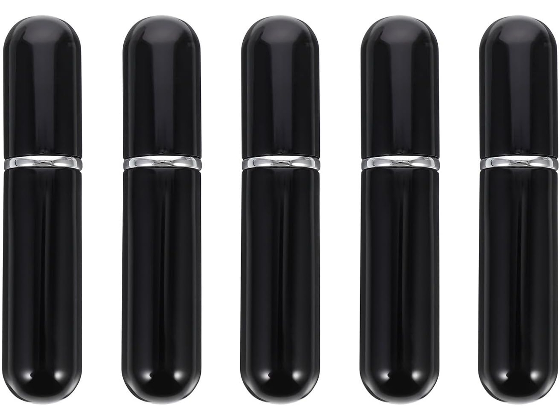 Frasco de perfume recarregável de 5ml Na Cor Preta, fabricado em alumínio e vidro, tamanho mini.