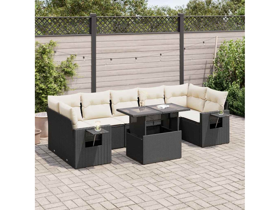 Vidaxl 8 Pcs Conjunto Sofás De Jardim Com Almofadões Vime Pe Preto