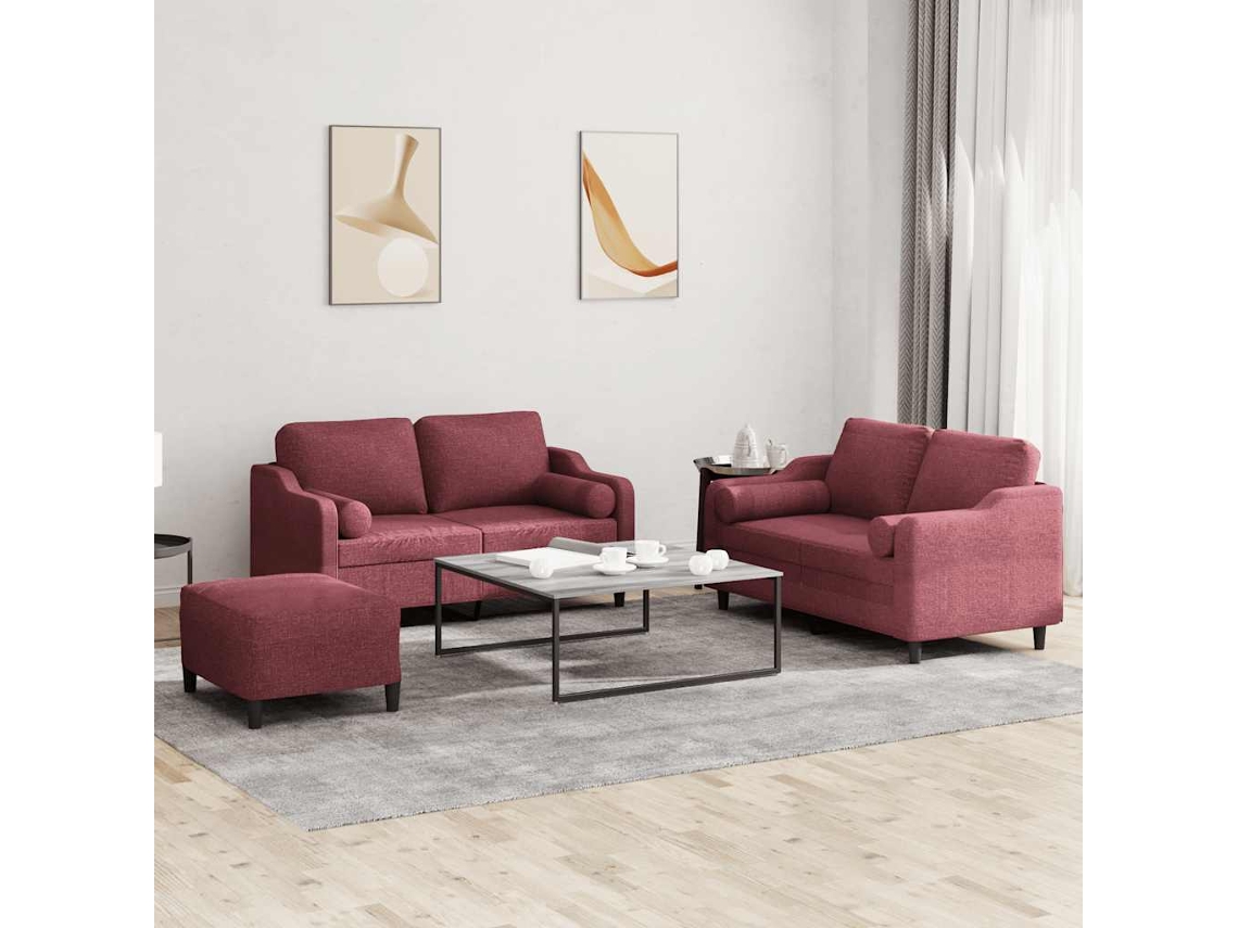 Vidaxl 3 Pcs Conjunto De Sofás Com Almofadas Tecido Vermelho-tinto