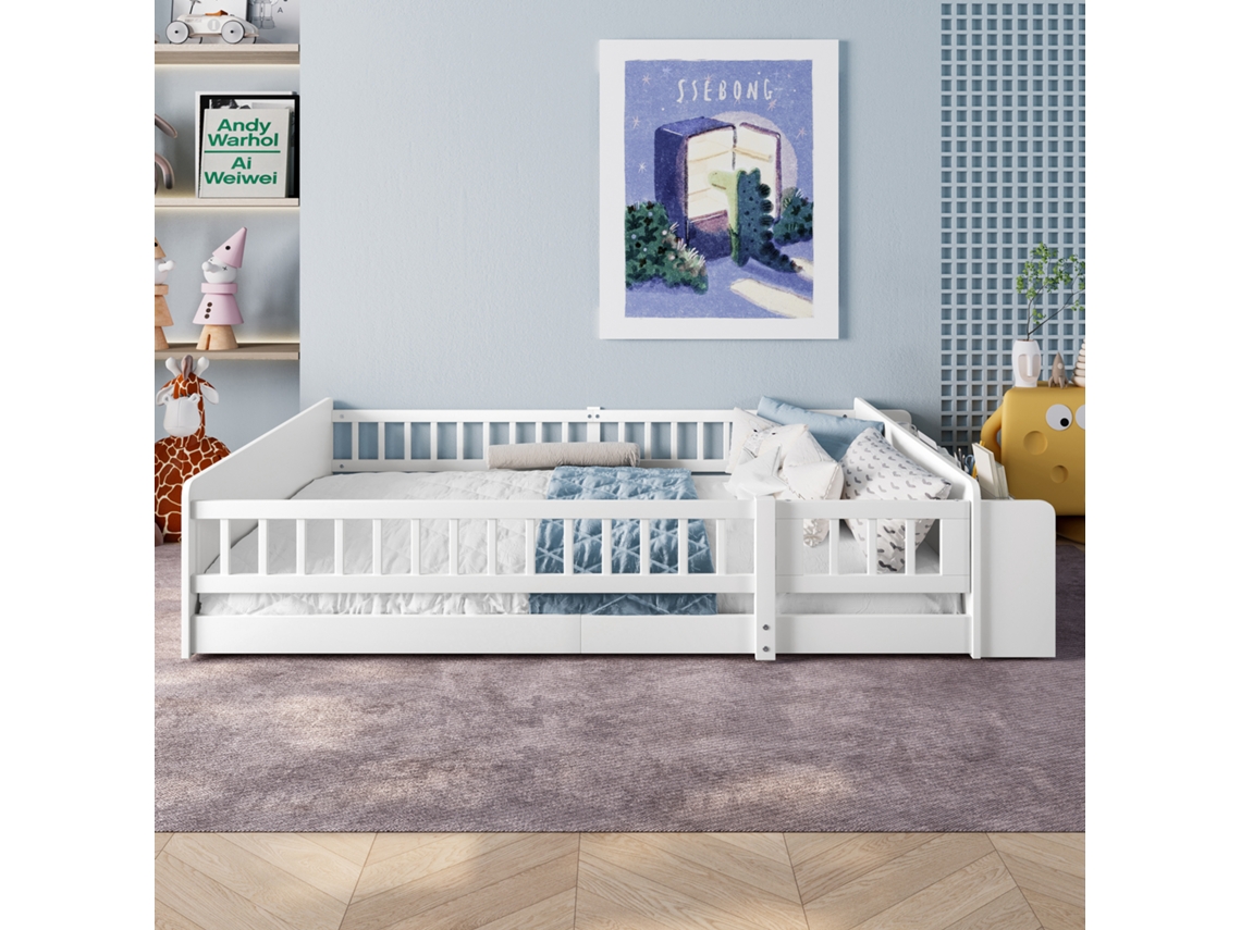 Cama infantil 140x200cm, pinho maciço, com prateleiras, porta com proteção, capacidade 200kg, sem colchão, branco, KOMHTOM