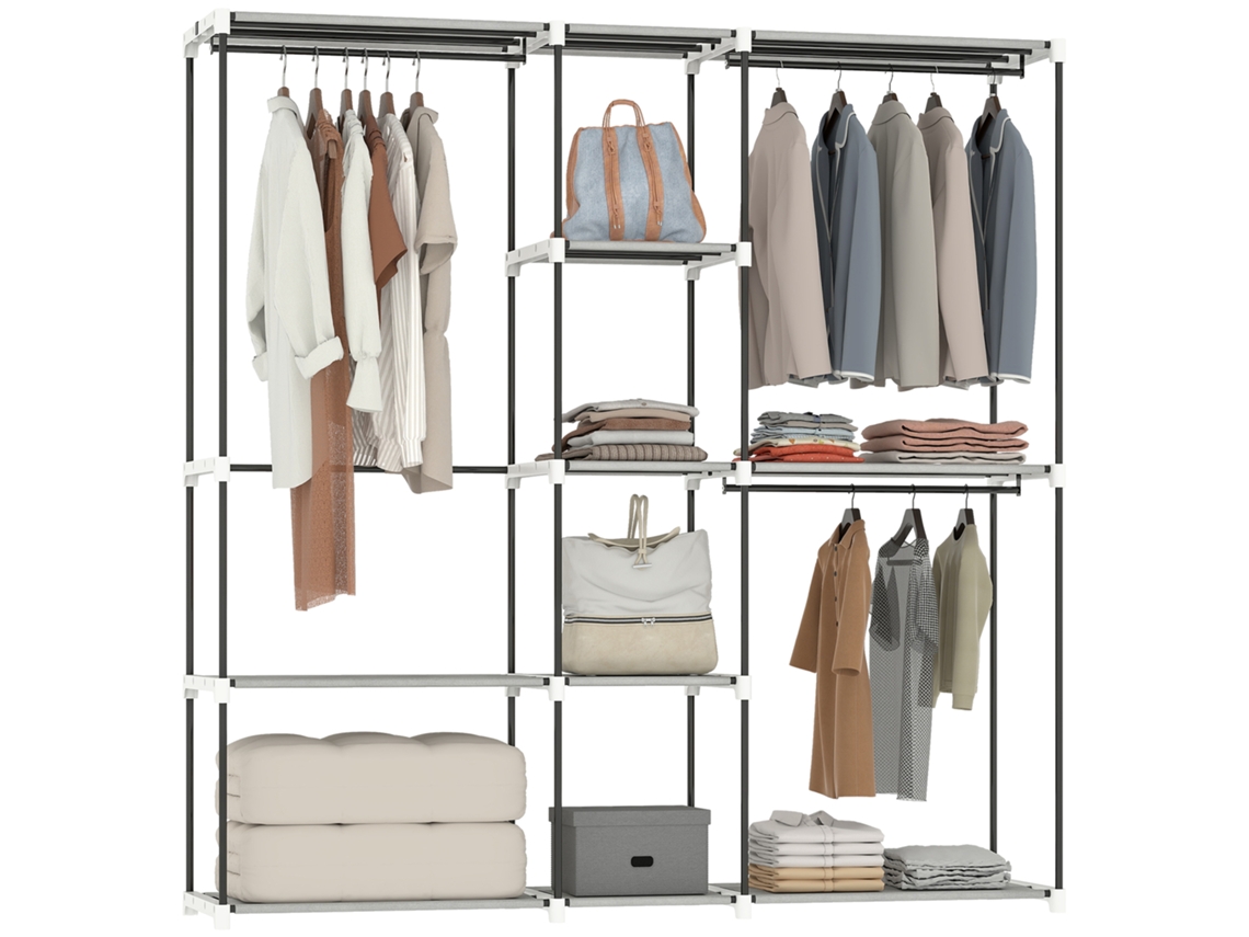 Guarda-roupa Aberto De 182x43x185 Cm Com 8 Prateleiras De Tecido, Varões Para Pendurar Roupas E Estrutura De Metal Cinza Claro.
