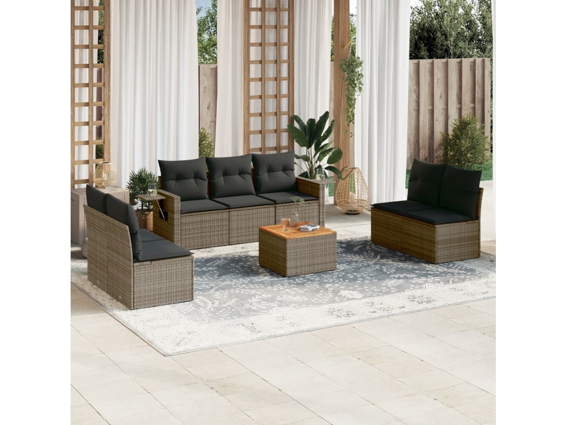 Vidaxl 8 Pcs Conjunto Sofás De Jardim C/ Almofadões Vime Pe Cinzento