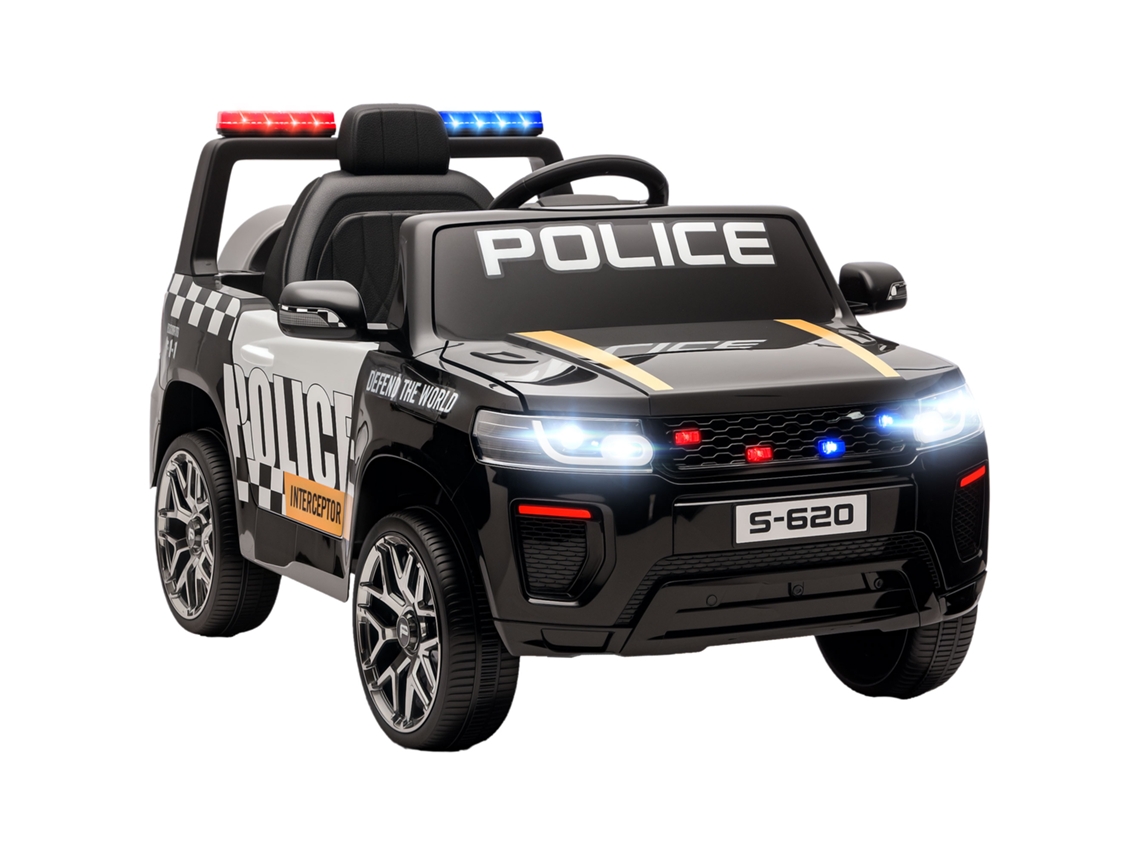 Carro de polícia elétrico para crianças, 12V, com controle remoto, sirene e luzes piscando, 3-5 anos, preto