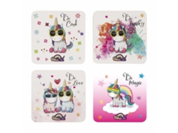 Conjunto Konix Unik De 4 Bases Para Copos 4,1 X 4,1 Polegadas Base De Cortiça Antiderrapante Desenhos De Unicórnio