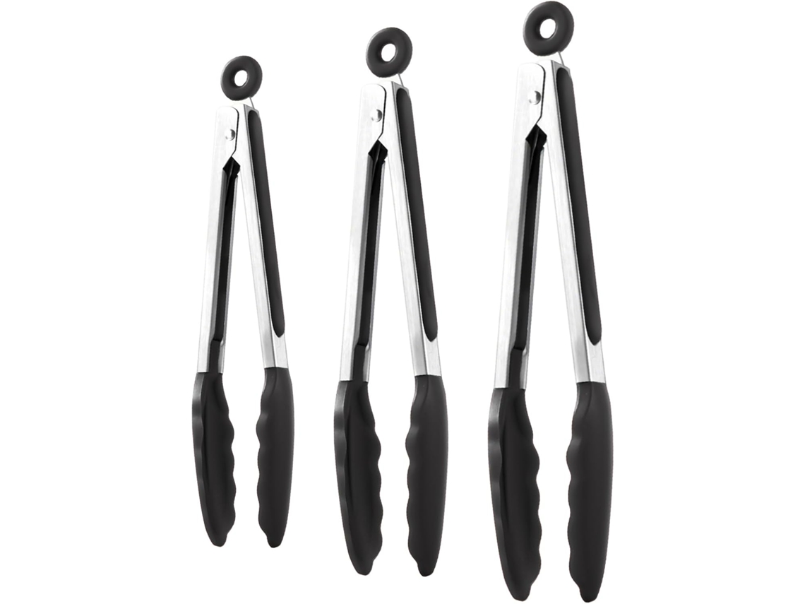 Pinça De Cozinha Com Trava Em 3 Partes, Em Aço Inoxidável, Com Pontas De Silicone, Ideal Para Cozinhar, Fazer Churrasco