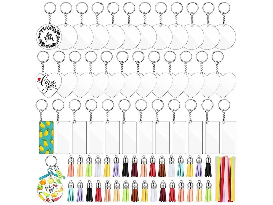 2026 kit de 144 Pingentes para Chaves com Tassels de Couro e Chaves de Acrílico Transparente para Diy