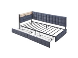 Sofá cama estofado 90x200 com gavetas, luminária led, portas usb e tipo c, em formato de barco, cinza PAPRIKA