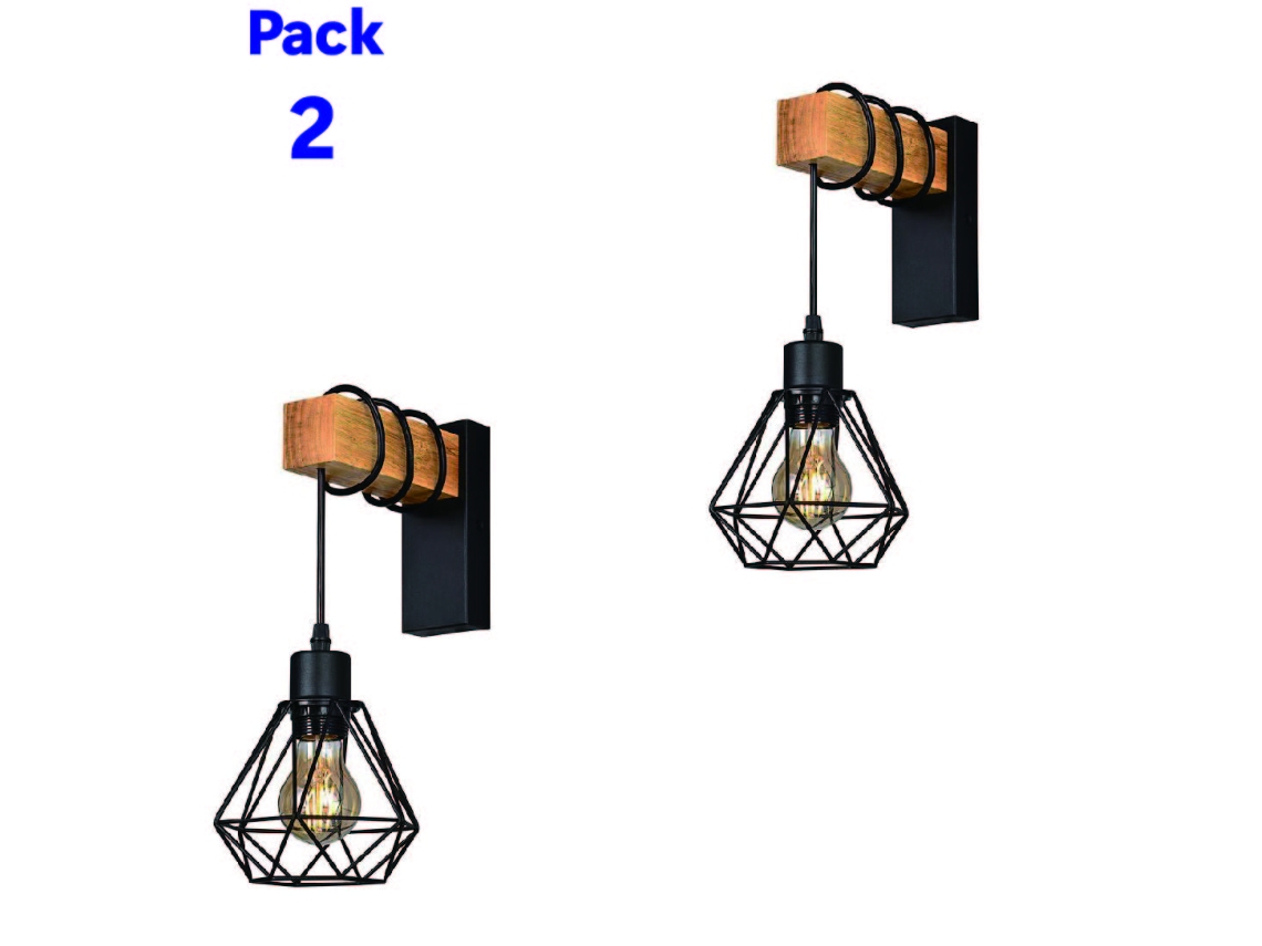 Pack de 2 Apliques de Parede Vintage Industrial com Madeira Natural, Gaiola Preta e Casquilho E27 ALPINALUZ