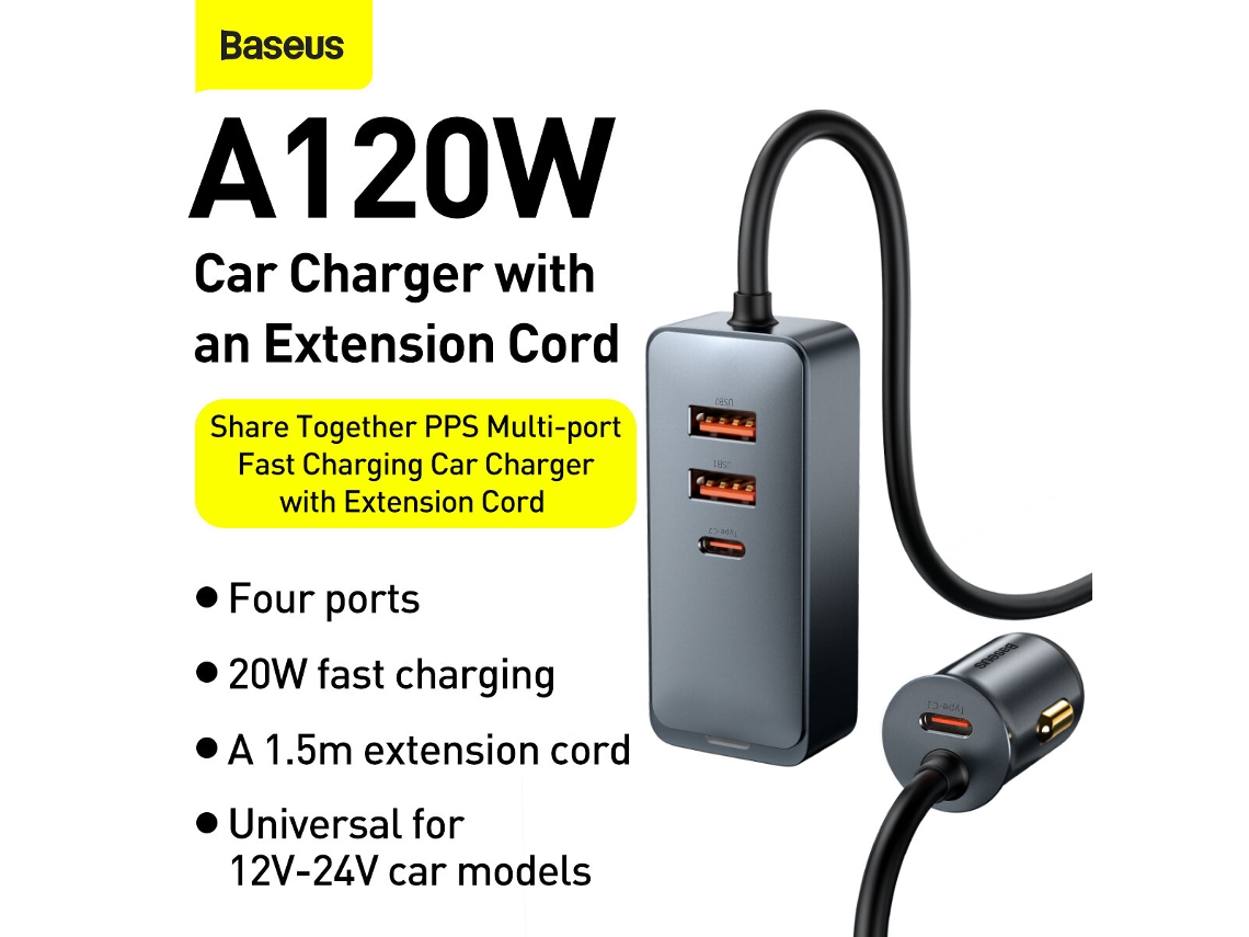 Carregador De Isqueiro Baseus De 120 W Com 4 Portas (2 Usb 2 Type-c), Carregamento Rápido Pps Pd Qc3.0 Fcp Afc E Cabo De 1,5 M De Comprimento.