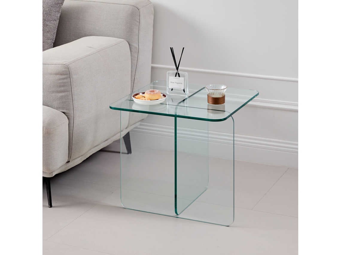 Mesa Lateral De Vidro Curvo Temperado Transparente, Mesa De Centro Ou Apoio De Sofá.