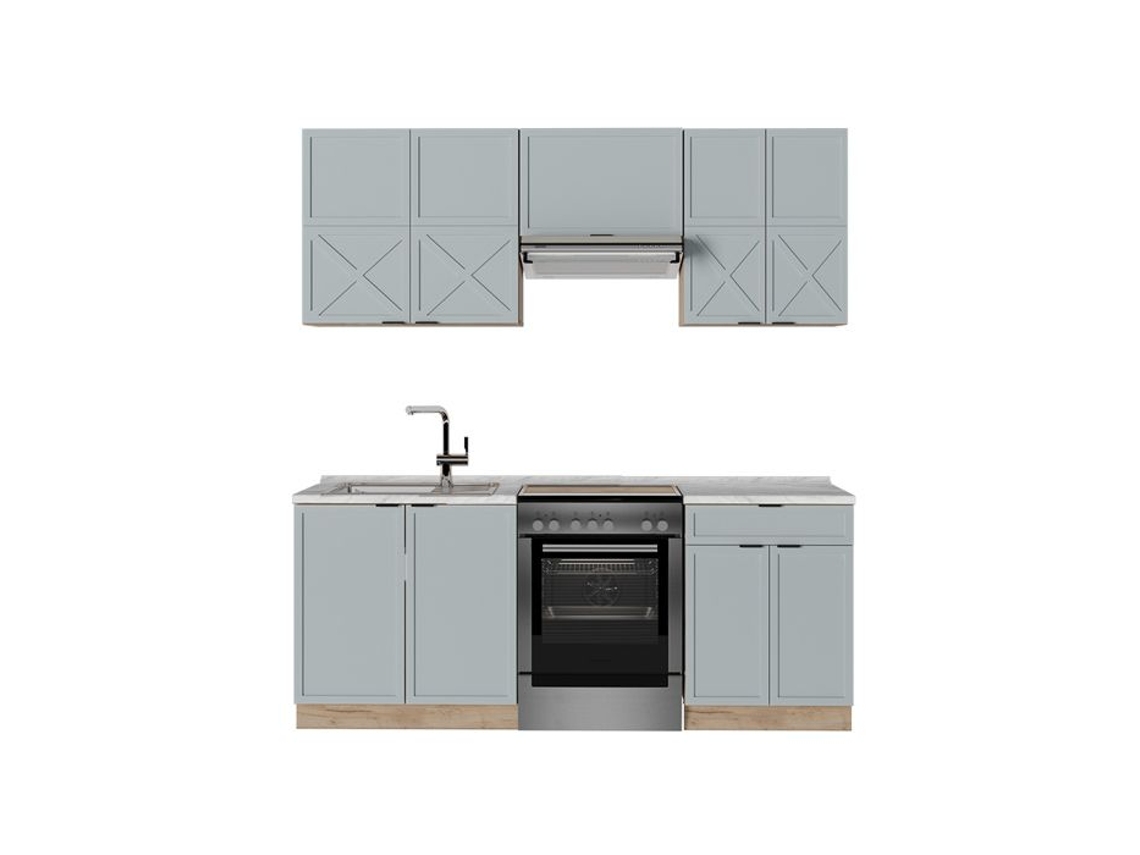 Cuisine Fame Line, 200cm, Pt Mármore, Azul Claro Cinza/ Carvalho Força De Ouro, Carvalho De Força Dourado, Vicco
