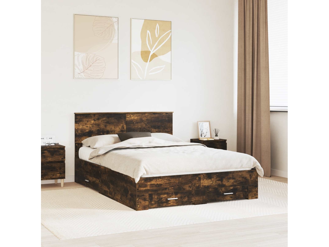 Vidaxl Estrutura Da Cama Com Gaveta Carvalho Fumado 140 X 200 Cm