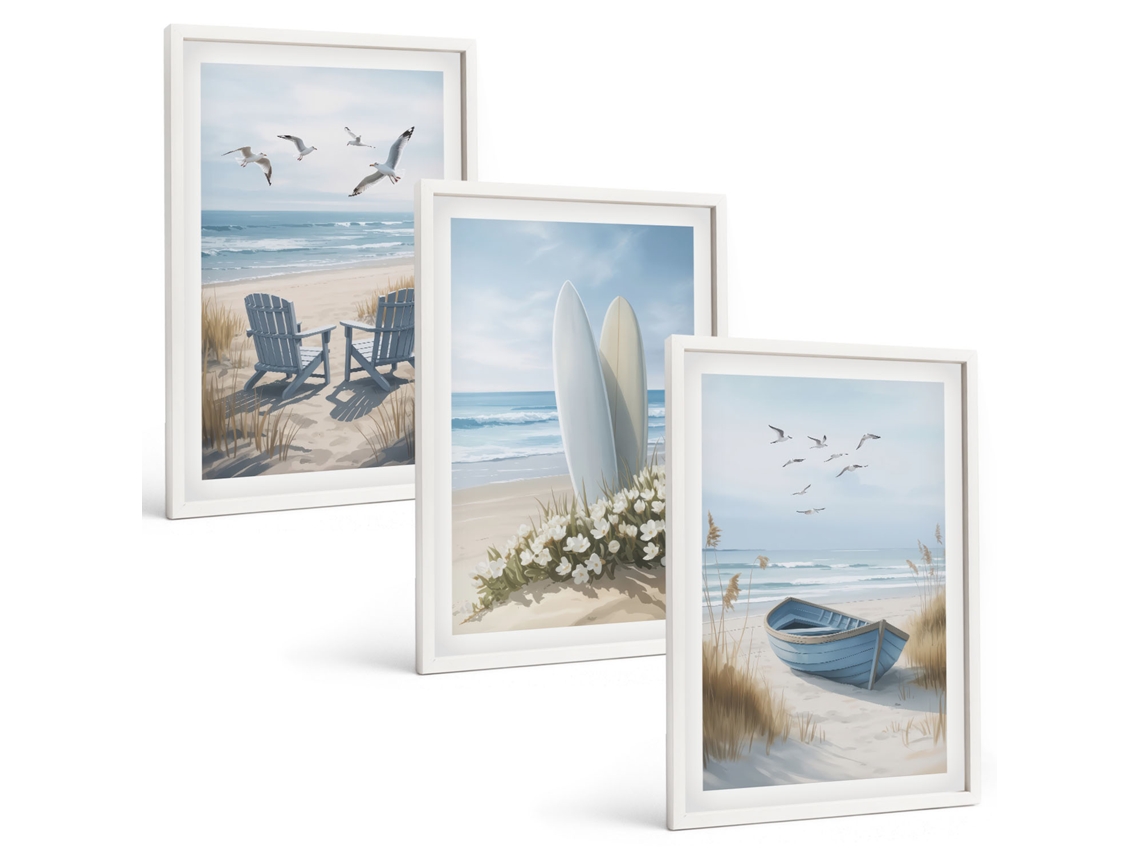 Conjunto De Pinturas Praia, Pranchas De Surfe, Pássaros Espelharte (3 Peças 40x60 Cm)