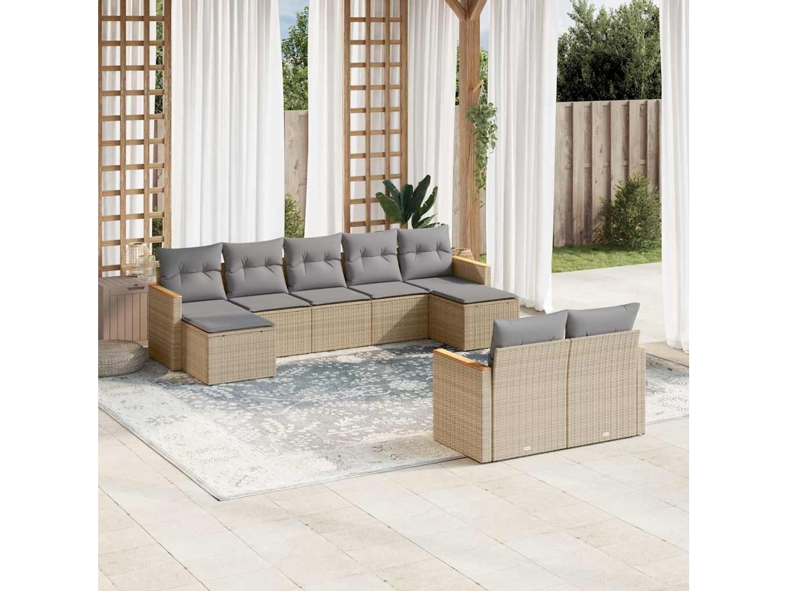 Vidaxl 9 Pcs Conjunto De Sofás P/ Jardim Com Almofadões Vime Pe Bege