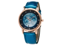 Relógio de casal de quartzo com strass e pulseira de PU azul com estampa de lua moderna e casual.