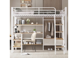 Cama Loft 90x200cm - Inclui 2 Caixas De Arrumação, Secretária, Prateleira, Escada Inclinada - Branco+natural