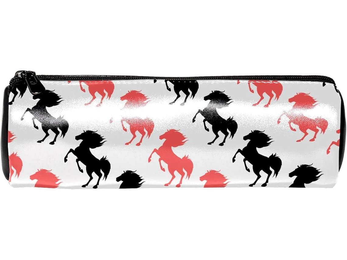 Tenho lápis com uma estampa retrô de cavalo, nas cores vermelha e rosa.