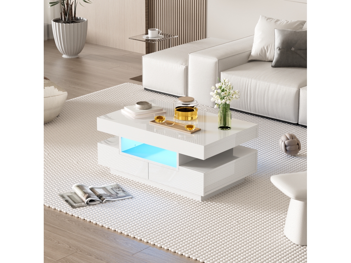 Mesa De Sala Em Alto Brilho Com Iluminação Led E 4 Gavetas Duplas, Design Funcional Com Grande Capacidade De Armazenamento Sini Tech Store