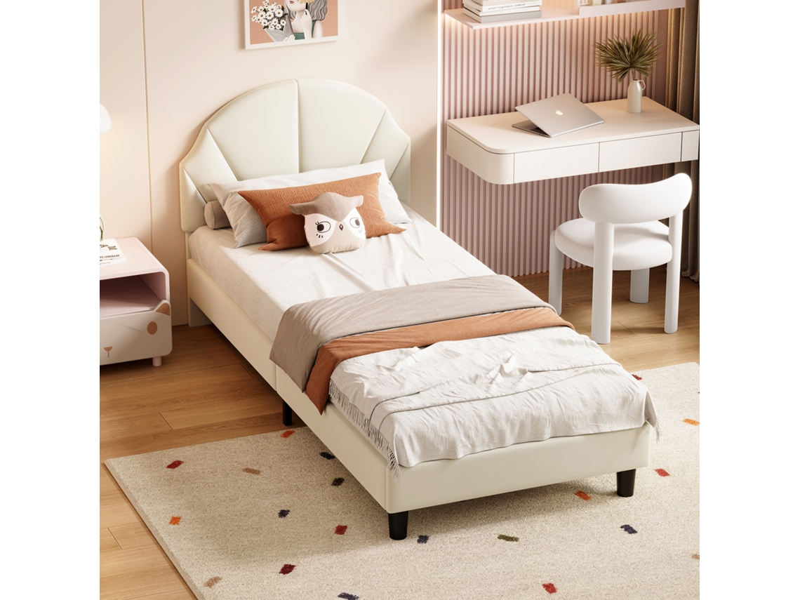 Cama de Casal Estofada, 90 X 190 Cm, Cama Juvenil, com Cabeceira Ajustável em Altura, Revestida em Veludo, Sem Colchão, Bege INONEFT