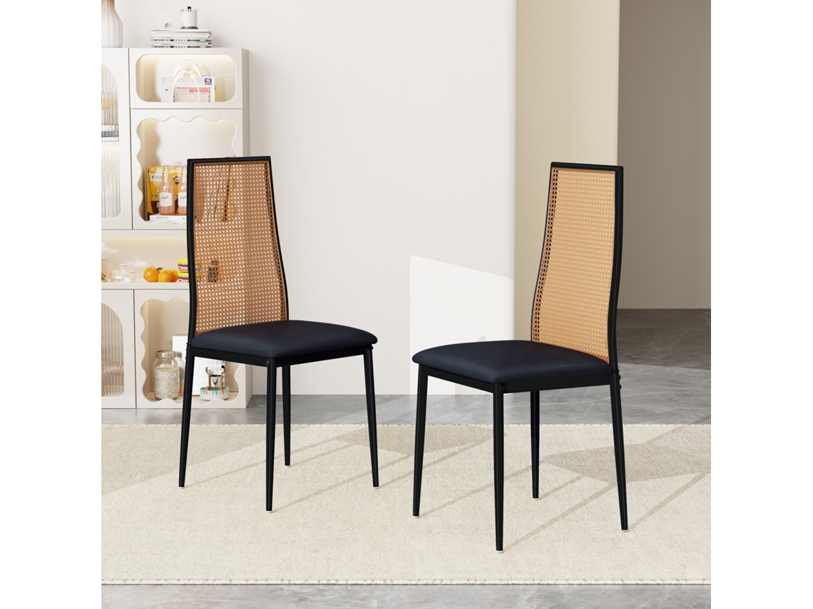 Cadeiras de Jantar SIMURQ Rattan Tecido À Mão Conjunto de 2, Assento Preto 48cm, Ergonómica, Pés Reguláveis para Cozinha e Sala Modernos.