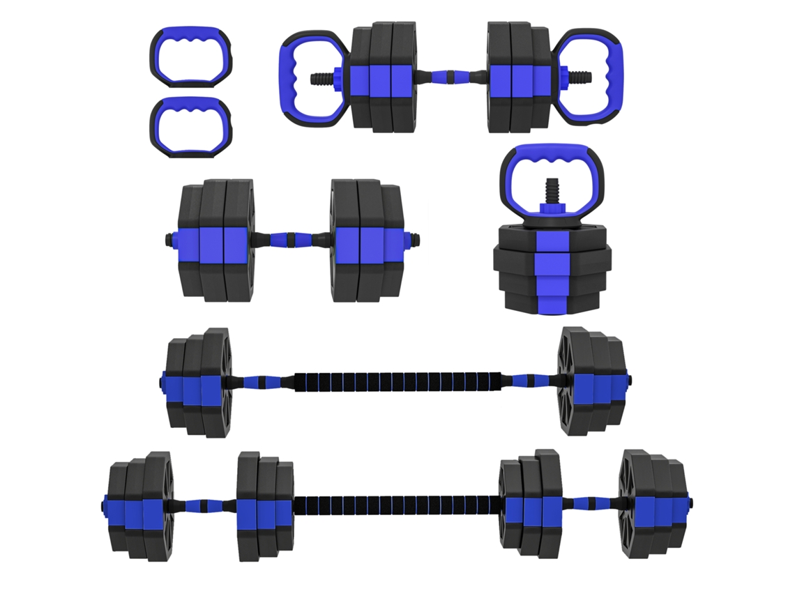 Kit de pesos de academia 6 em 1 em plástico e areia, utilizável como kettlebell, halteres e barra suporte azul BTFORUS