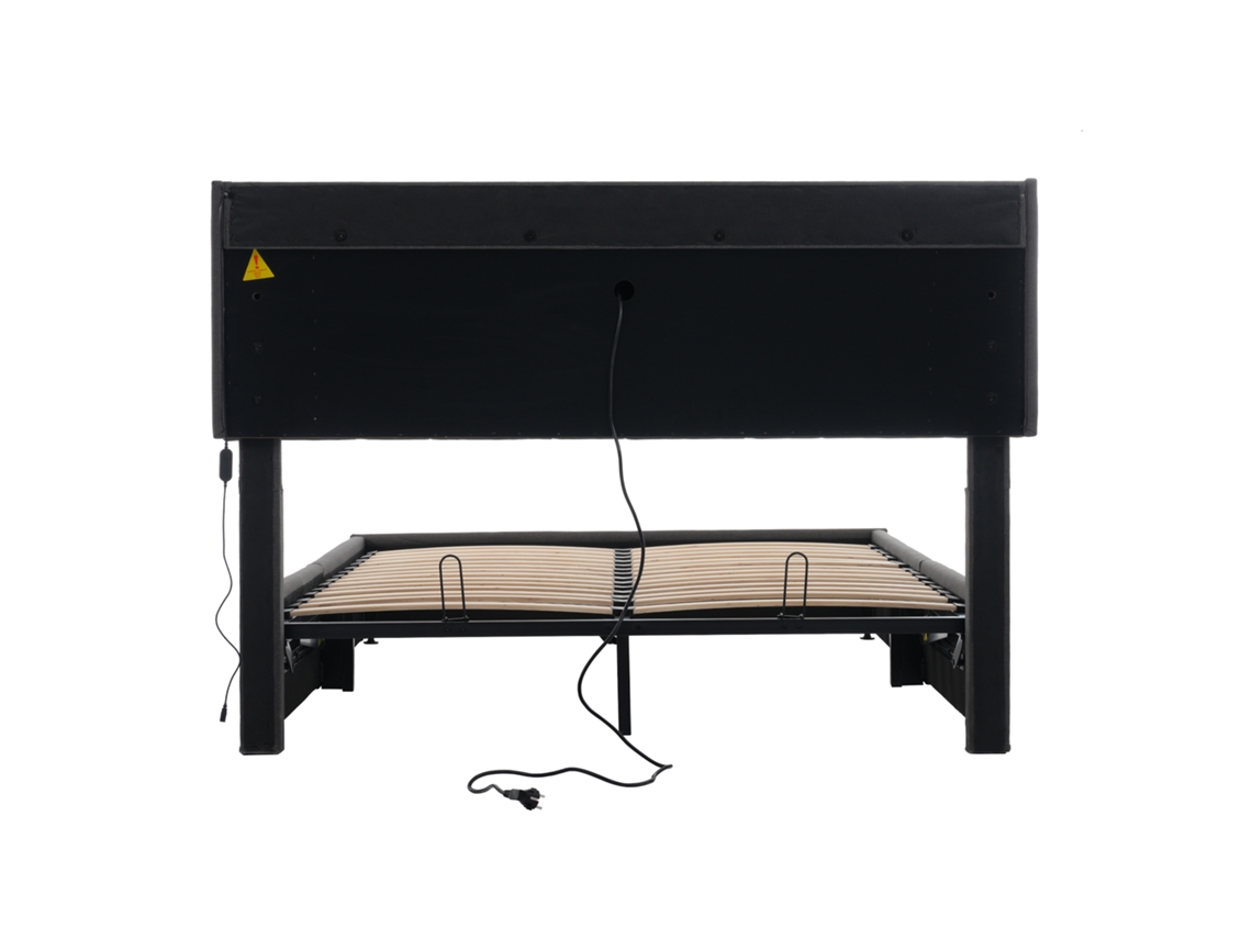 Cama Estofada 140x200 Cm, Linho Cinzento, Arrumação E Cabeceira Led