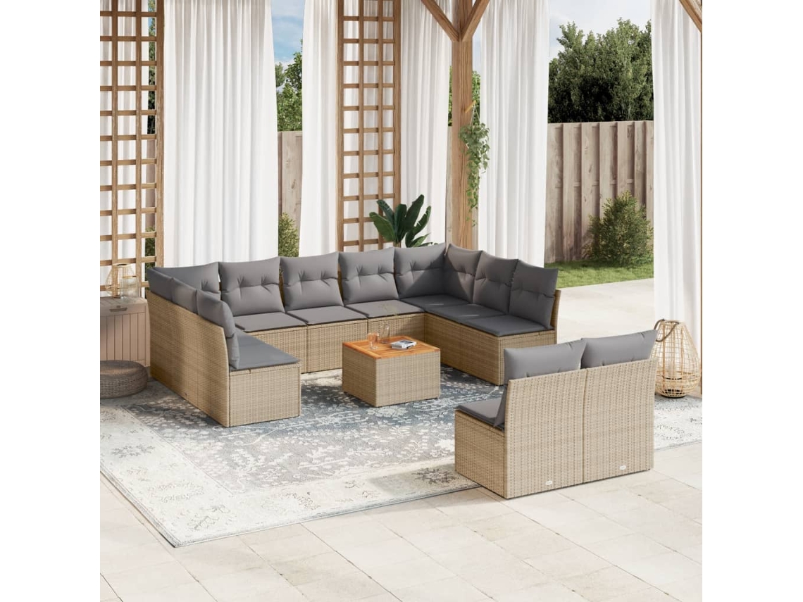 Vidaxl 12 Pcs Conjunto De Sofás P/ Jardim Com Almofadões Vime Pe Bege