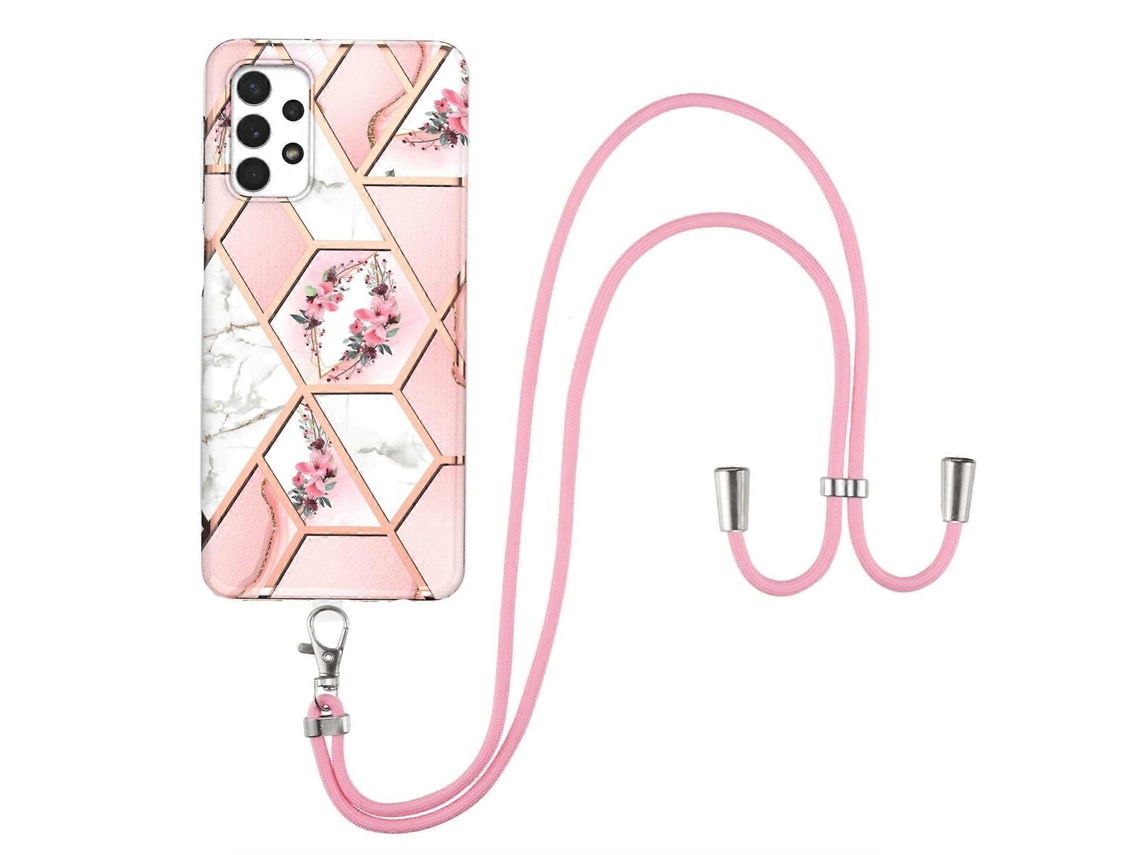 Capa De Tpu À Prova De Choque Com Cordão Para Samsung Galaxy A32 4g, Versão Ue, Galvanoplastia, Estampa Floral De Mármore (flor Rosa)