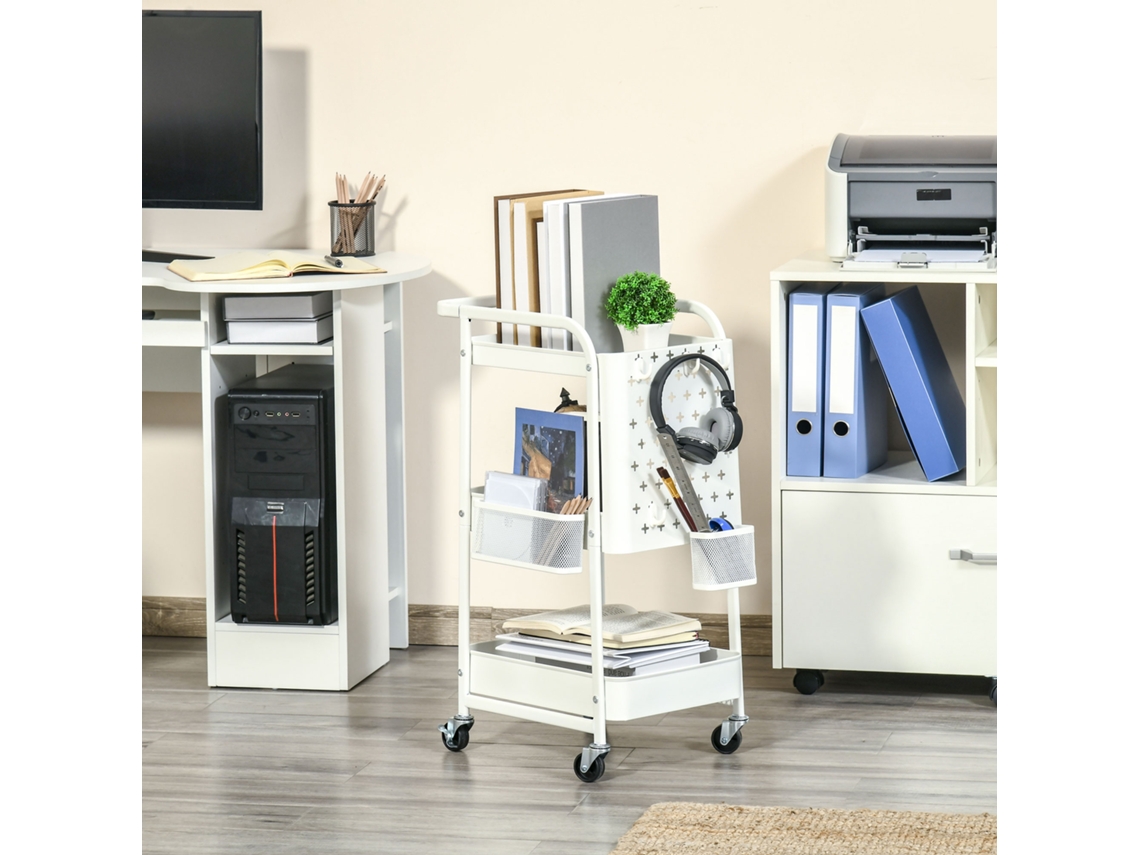 Carrinho De Cozinha Com 3 Andares E Gavetas Móvel Em Aço Branco 51,5x32x75,6cm Ideal Para Cozinha E Escritório Mega Echo Trade Shop