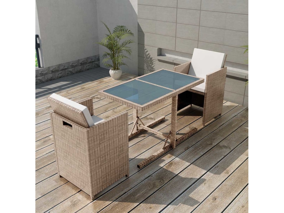 Vidaxl 3 Pcs Conjunto Bistrô Com Almofadões Vime Pe Bege