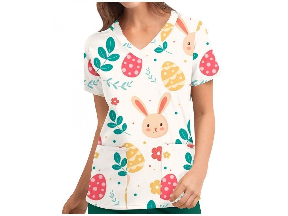 Blusas Médicas Com Estampa De Páscoa Para Mulher Com Manga Curta E Bolsos Tamanho S-3xl