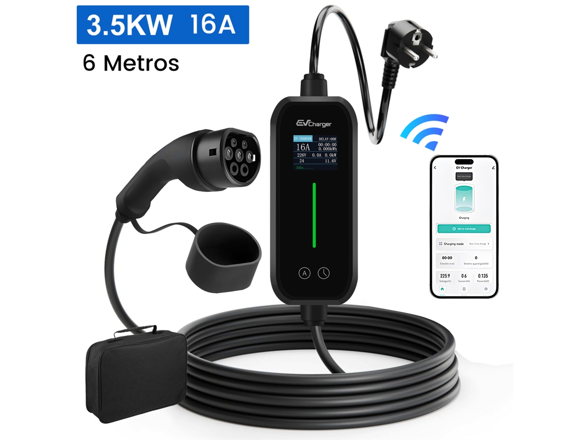 Carregador inteligente para veículos elétricos Tipo 2 (3,5 kW 16 A, plugue Schuko) com controle por aplicativo e cabo de 6 m