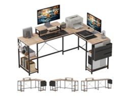 Mesa Em Formato De L, Mesa De Escritório Versátil Com Prateleiras Ajustáveis E Bolsa De Armazenamento, Suporte Para Monitor, Cor Natural.