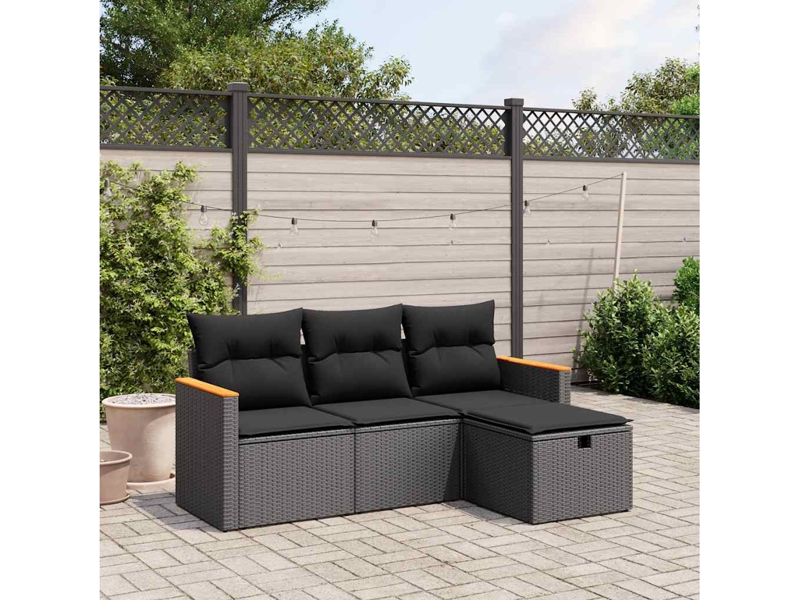 Vidaxl 4 Pcs Conjunto De Sofás Para Jardim C/ Almofadões Vime Pe Preto