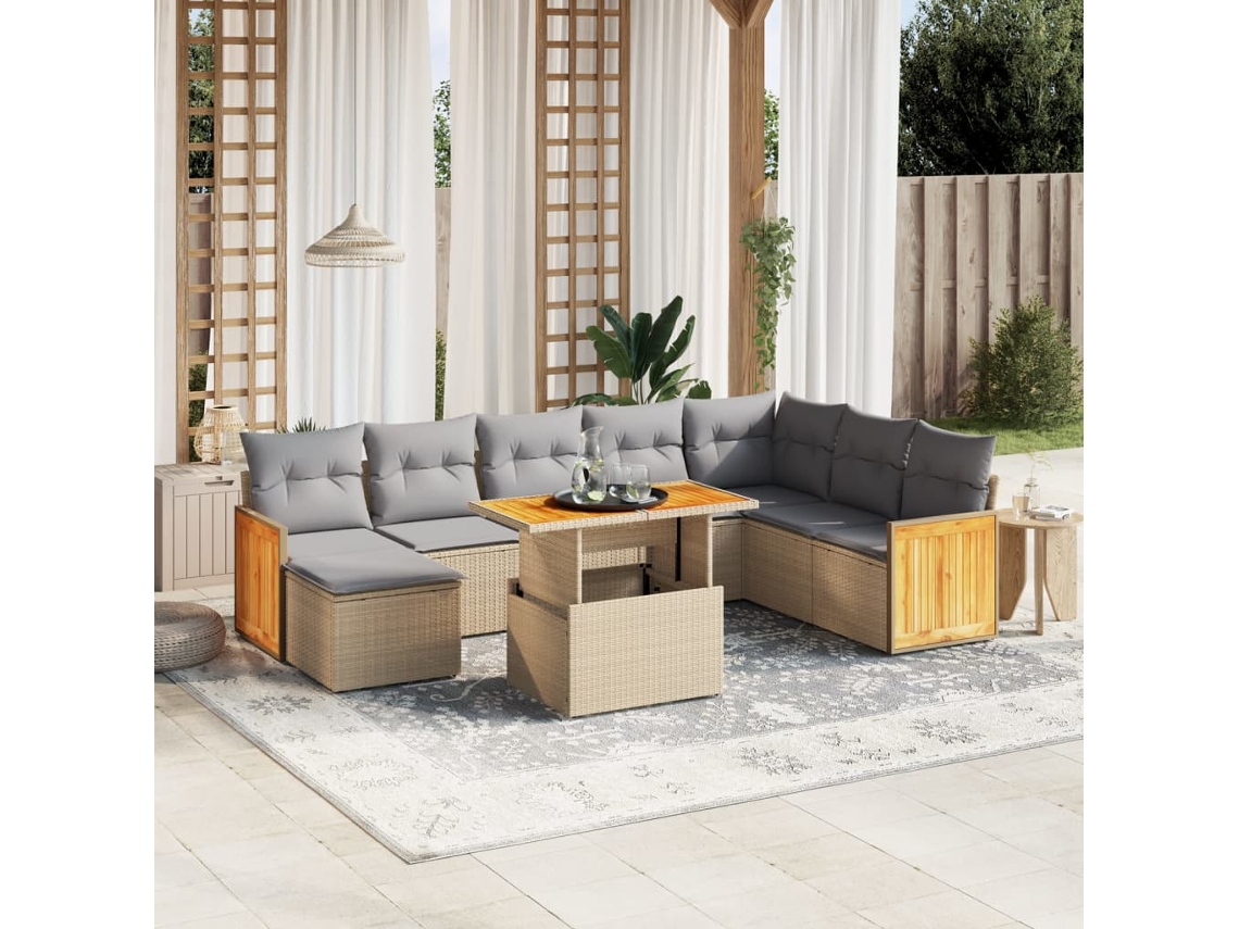 Vidaxl 9 Pcs Conjunto De Sofás P/ Jardim Com Almofadões Vime Pe Bege