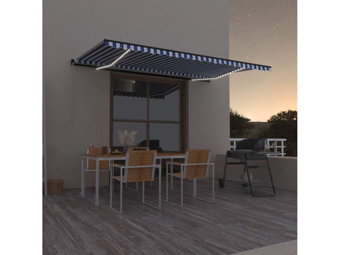 Vidaxl Toldo Retrátil Manual Com Led 500x300 Cm Azul E Branco