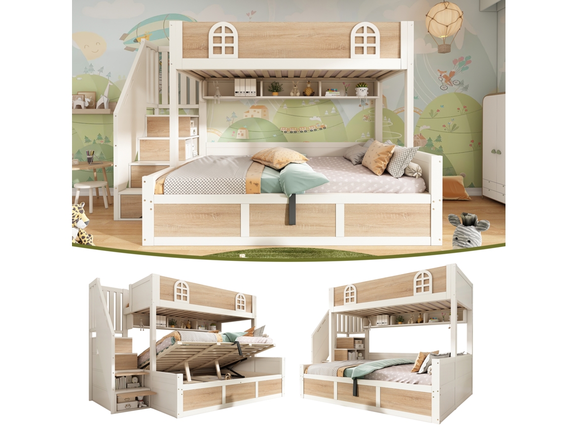 Beliche Infantil com Arrumação, Escada e Proteção Natural e Branco MOBRIO (90x200/140x200 cm)