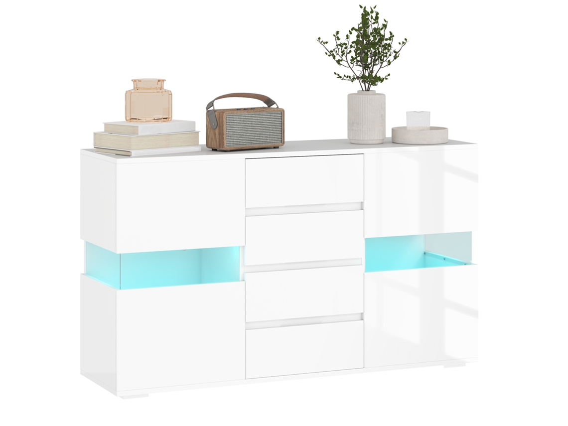 Aparador Led Branco, controlo Remoto, 4 Gavetas, 2 Armários, 120x34x70 cm S/MARCA