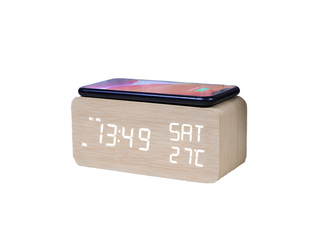 Relógio Eletrônico De Bambu Led Display Temp/umid, Brancas Letras, Carregável, Carregamento Sem Fio, Alarme Para Crianças, Pvc Sfushos
